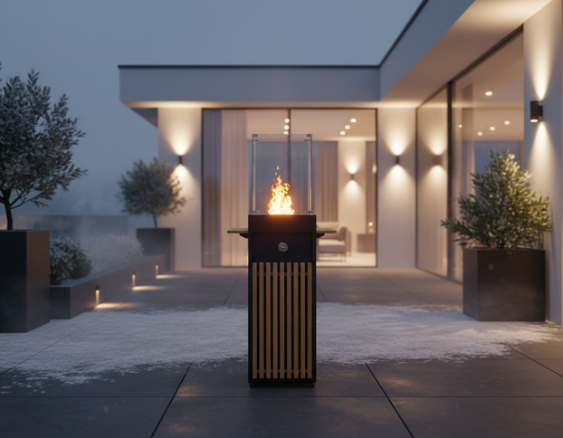 Feuer-Bartisch UPPER DECK aus Teak & Aluminium