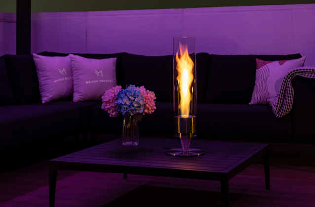 Cheminée de table au bioéthanol TWILIGHT en acier inoxydable avec flamme tornade